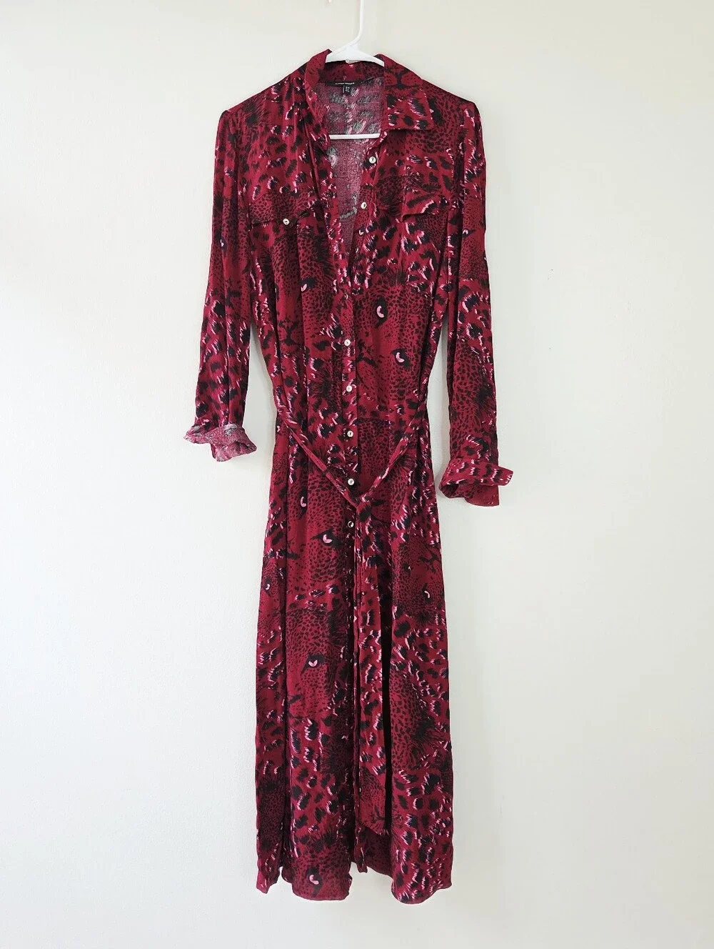 Karen Millen Leopard head woven midi shirt dress Red Burgundy Size 6
